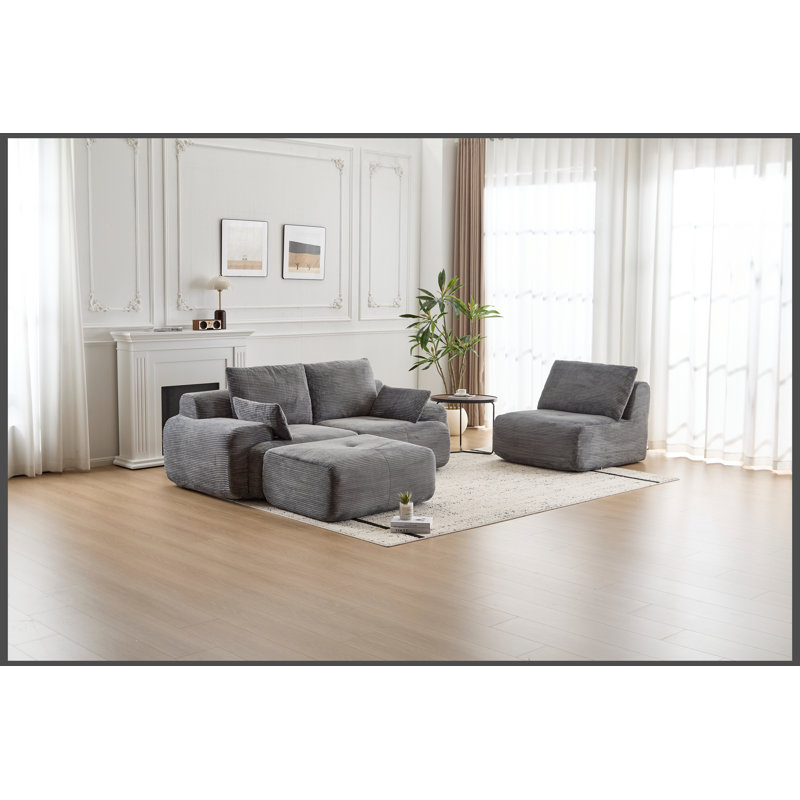 Canapé d'angle modulaire Cloud en velours côtelé gris moderne, en forme de L, avec assise extra profonde et rembourrage surdimensionné en mousse à mémoire de forme compressée, canapé doux et adapté aux animaux domestiques avec pouf pour grand salon ou appartement au sous-sol.