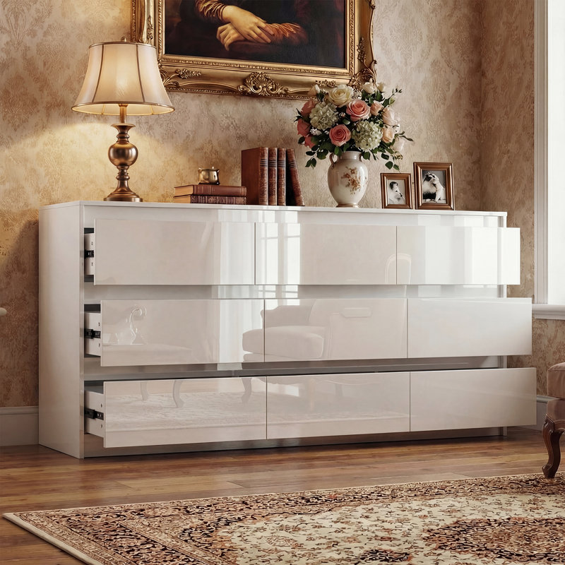 63" Modern 9-Drawer Dresser, High Gloss MDF Storage Chest With Handle-Free Design