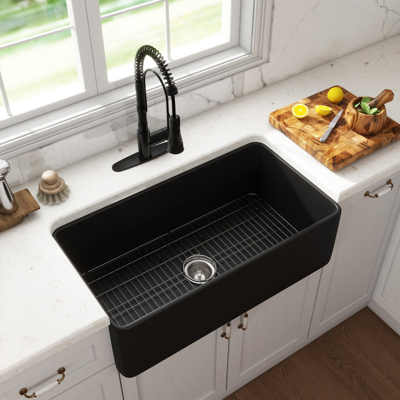 Évier de cuisine à simple cuve en argile réfractaire simple avec robinet inclus Casainc, Noir mat