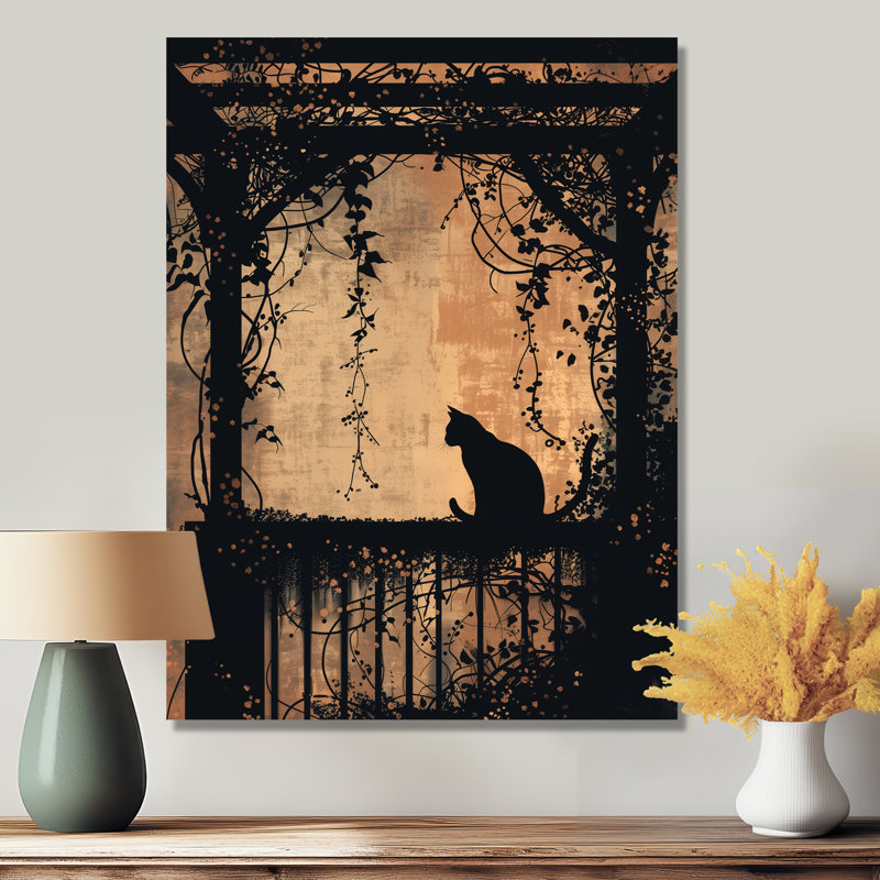 Chat noir sur porche fleuri - décoration murale chat, Toile avec cadre noir, H 40 po x l 30 po x P 1,5 po