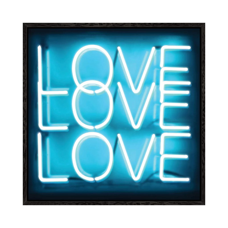 Neon Love Love Love Aqua On Black by Hailey Carr - Print on Canvas, 93.98 cm H x 93.98 cm W, Black Framed