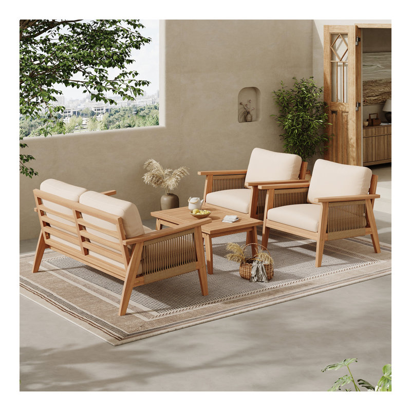 Ensemble de conversation modulaire d'extérieur 4 pièces en bois d'acacia et corde