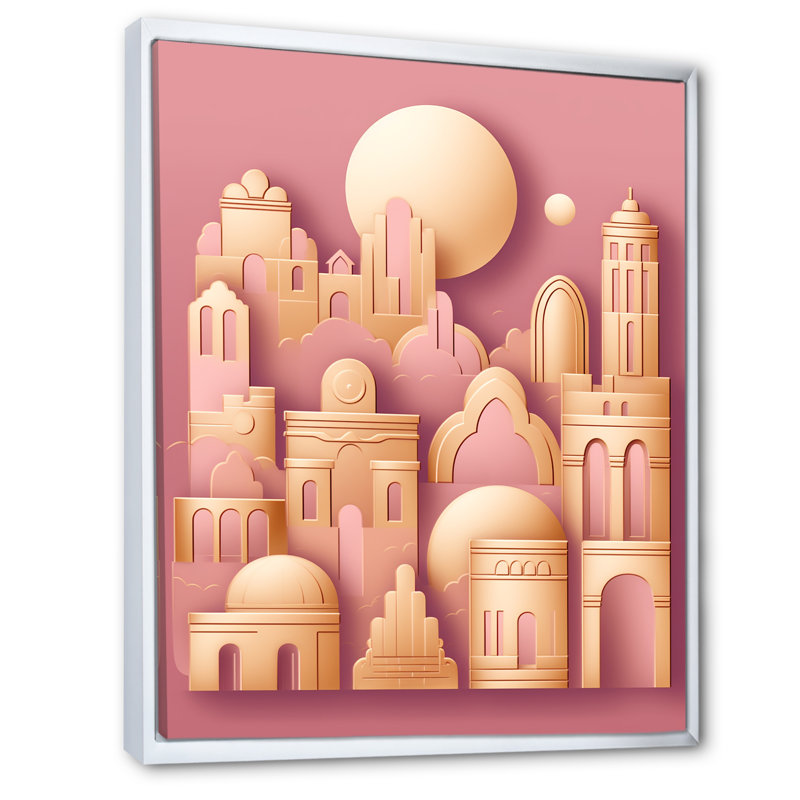 Oriental City en or rose rétro, H 40 po x l 30 po, Cadre flottant blanc