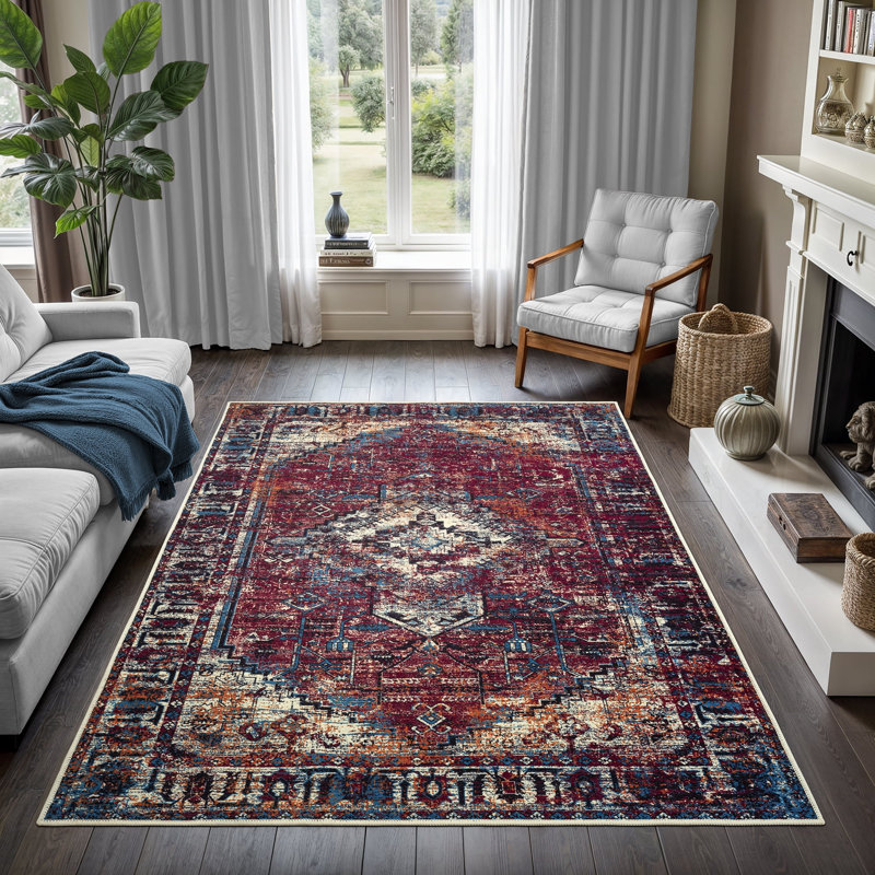 GLN Rugs Vintage Collection - Machine Washable Area Rug, Vintage Washable Rug, Non Slip Area Rug, Low Pile Living Room Rug, Bedroom Rug, Bathroom Rug - Easy Clean (Burgundy Rug)