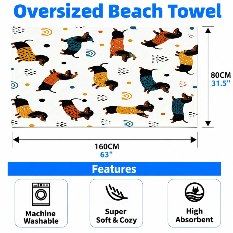 1 serviette de plage teckel, motif de chien mignon, microfibre à séchage rapide, convient pour la natation, les voyages et le camping, unisexe