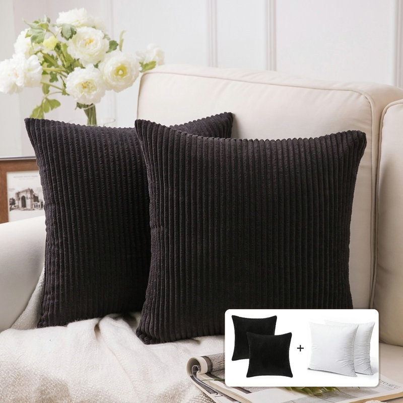 Striped Corduroy Throw Pillow, Solid Color Textured Decorative Pillow, Polyester, Black, Square 22"
