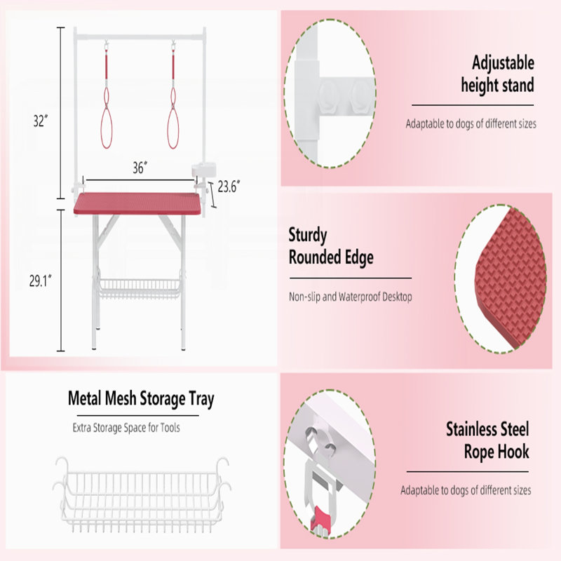 Grande table de toilettage pour chien 36 po avec bras réglable, noeuds et plateau en filet pour un toilettage facile à la maison