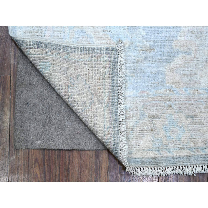 Tapis de couloir oriental bleu noué à la main 2 pi 10 po x 16 pi 0 po Angora Oushak