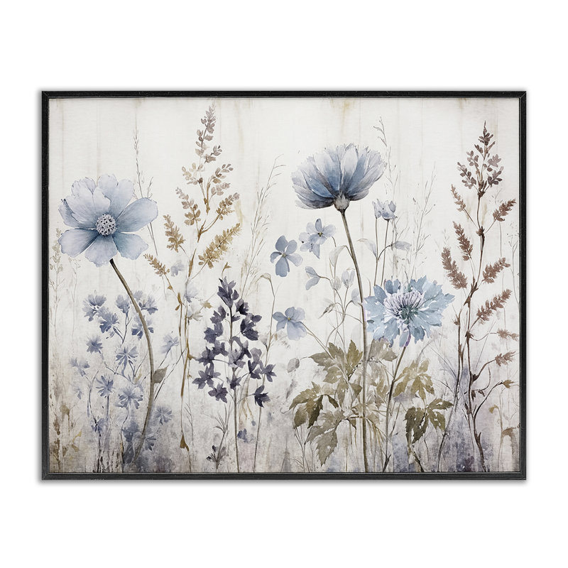 «Blue Nature Blossoms», estampe numérique par Sasha, Giclée encadrée noir minuit, H 16 po x l 20 po