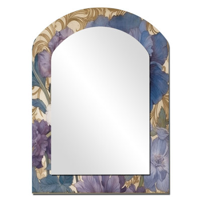 White Hibiscus Blossoming Retro Illustration - Wildflowers Asymmetrical Decorative Mirror, Traditional Arch Large Wall Mirror, Printed Metal Art