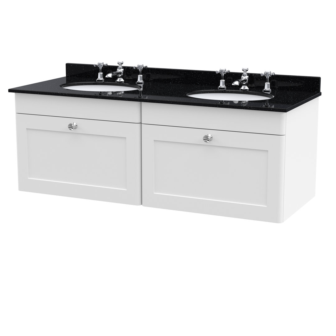 Nuie Satin White Classique Wall Hung 2 Drawer Vanity Unit With Black Marble Countertop And 2 Round Basins With 6 Tap Holes | | Mdf | 1200Mm - Image 3