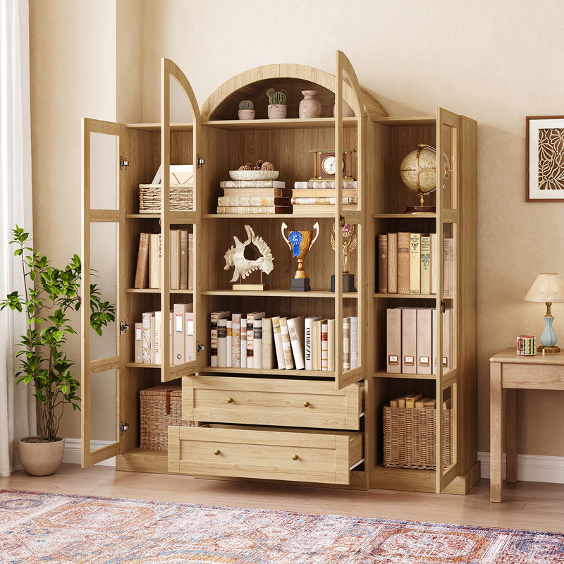 Bibliothèque 72,4 "H Portes en verre avec tiroirs et tablettes réglables