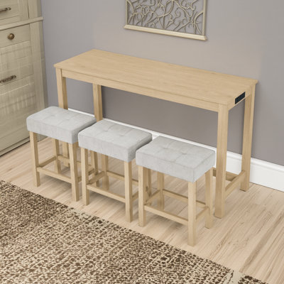 59 Inch Bar Table/ Dining Table/ Sofa Table With Power Outlet/ 3 Upholstered Stools/ 4 Piece Bar Table And Chair Set For Living Room/ Dining Room/ Kitchen