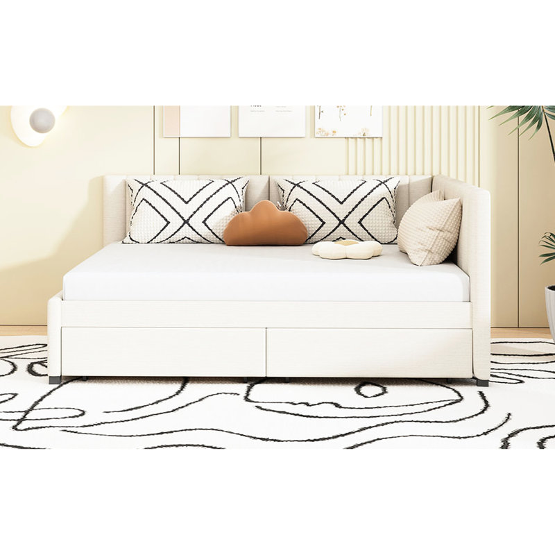 Lit de jour en lin beige avec 2 espaces de rangement, fabrication en bois robuste, compartiments sans sommier, revêtement, base solide, pour l'espace