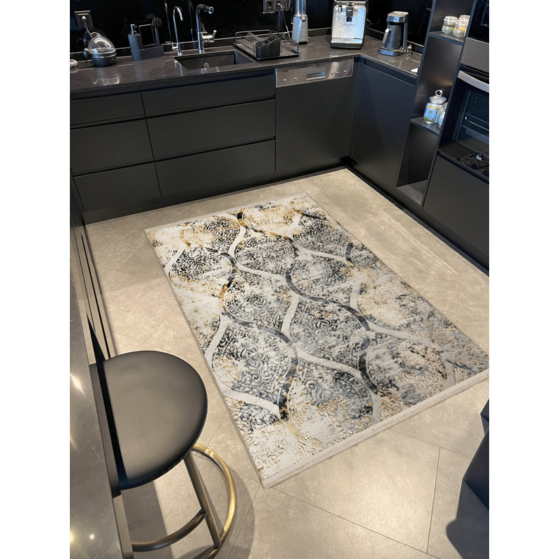 Tapis décoratif moderne à motif géométrique beige / gris-poudre, Rectangle 4 pi 11,06 po x 7 pi 6,55 po