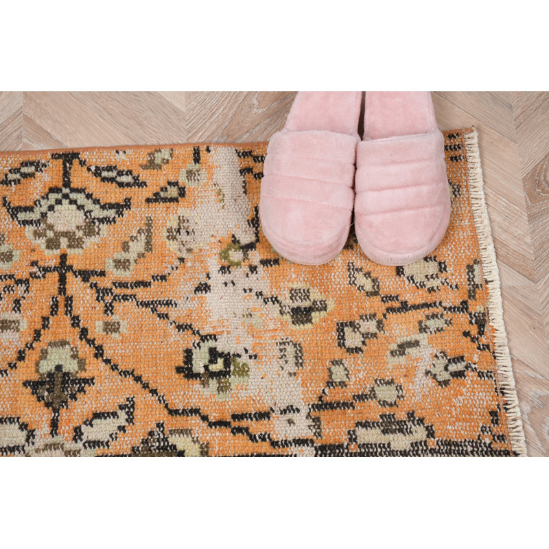 Small Vintage Turkish Anatolian Rug in Orange for Wall Hanging or Boho Style Floor Mat