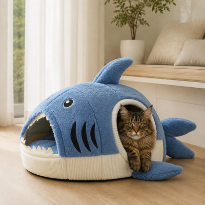 Lit de chat semi-fermé en forme de requin – Grotte en peluche douce avec housse amovible et lavable, fond antidérapant, pour chats et petits chiens (P/M/L, bleu)