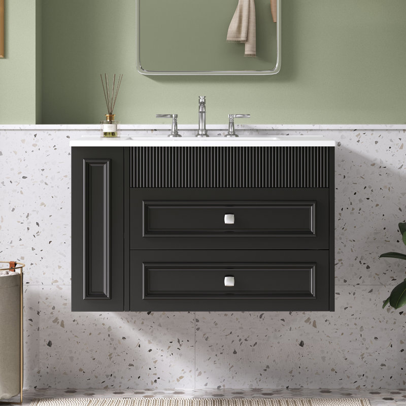 Meuble-lavabo mural flottant de 30 po avec armoire à 2 tiroirs et lavabo simple en céramique - solution de rangement pour salle de bain peu encombrante