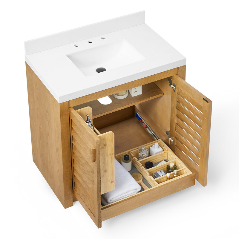 Meuble-lavabo autoportant en bois massif 36 po pour comptoir en pierre reconstituée, Bois brut, 36"