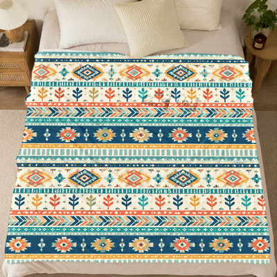 Couverture polaire à motif tribal (1 pièce) - Impression recto ; Design bohème artistique. Jeté doux et chaud pour divan, lit et fauteuil. Accessoire de décoration polyvalent pour les voyages et le camping. Une idée-cadeau attentionnée. Articles de literie et de canapé.