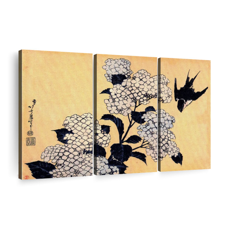 Hydrangea and Swallow - 3 pièces, reproduction sur toile tendue, H 48 po x l 74 po x P 1,25 po