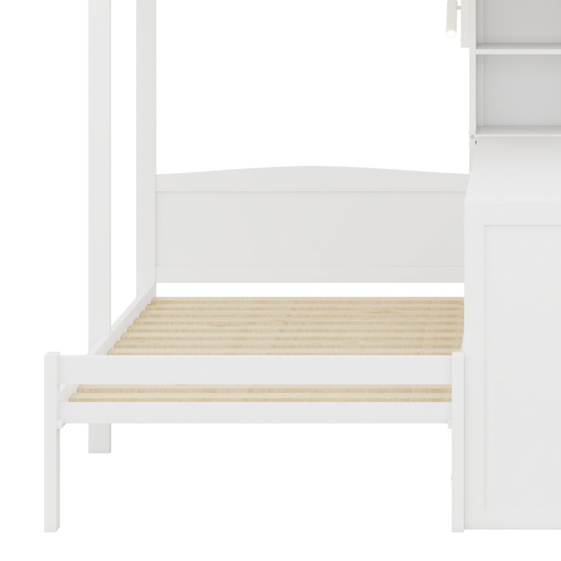 Lit superposé multifonctionnel avec bureau, tablettes et lampe de lecture, 3 lits séparés dans une seule unité, Blanc