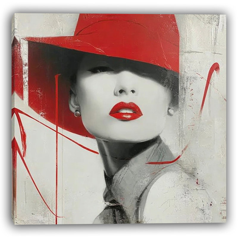 Impression sur toile «Red Elegance II» - Dame sophistiquée avec chapeau rouge, H 20 po x l 20 po