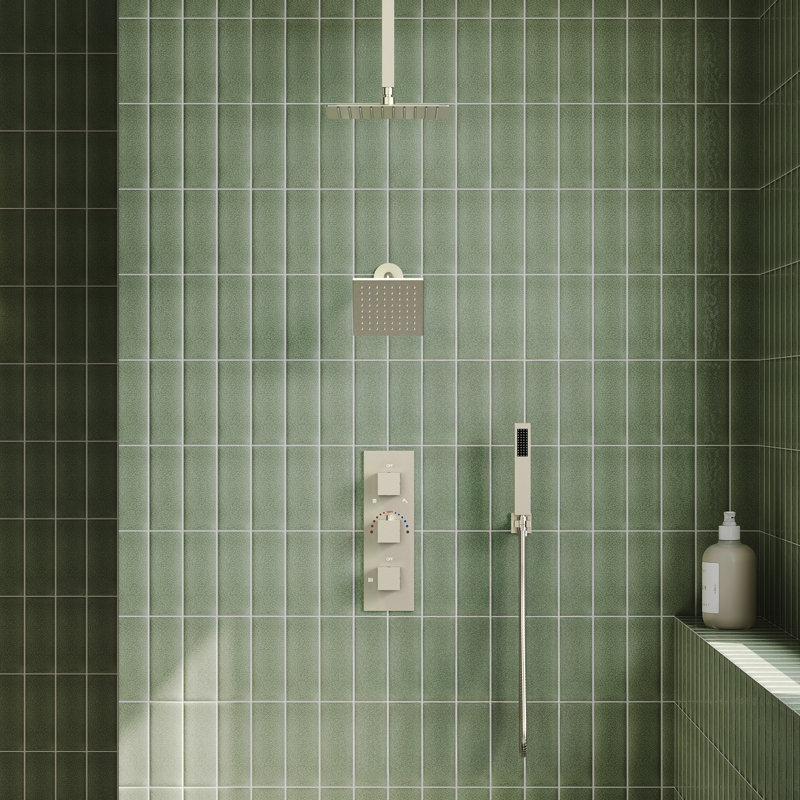 Système de douche thermostatique à double effet pluie de 30 cm (12 po) à montage au plafond, avec douchette murale de 15 cm (6 po) et douchette à main.
