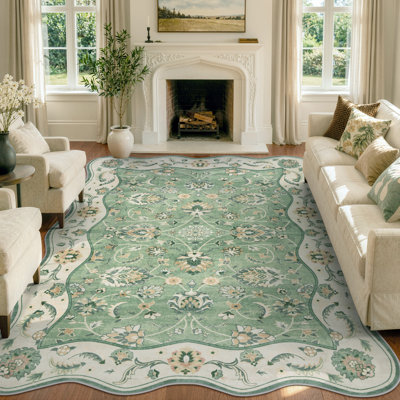 Scalloped Vintage Floral Washable Area Rug with Non-Slip Backing Sage Green