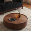 Table basse ronde avec grain de bois de noyer et base en fer