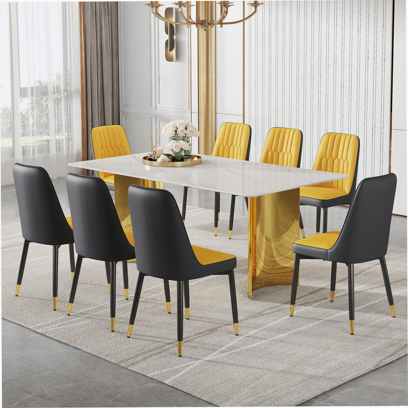 Ensemble de table de salle à manger 9 pièces, table avec plateau en verre et pieds en acier inoxydable et 8 chaises de salle à manger