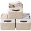 Grands bacs de rangement en tissu - Paquet de 3 organisateurs de garde-robe en lin beige et blanc pour la maison, les tablettes et le rangement
