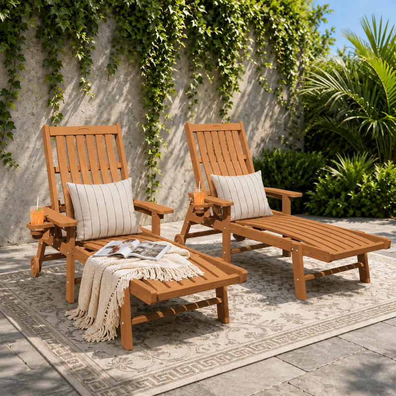 Teak Outdoor HDPE Adjustable Reclining Chaise Lounge Chair With Wheels & Cup Holder (Set of 2), Teak, 2
