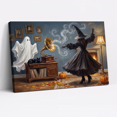 Witch Dancing Near Vintage Gramophone With Ghost Halloween Canvas Wall Art