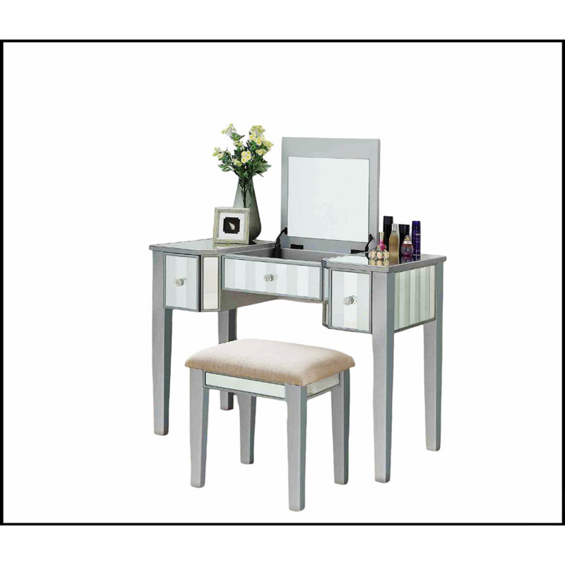 Ensemble de coiffeuse de style transitionnel avec tiroirs de rangement, miroir central et tabouret rembourré pour des meubles de chambre à coucher élégants