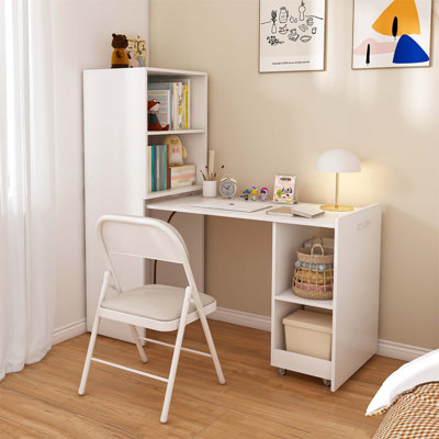 Bureau extensible avec tablettes de rangement et roues mobiles, conception pliable pour petits appartements et bureaux