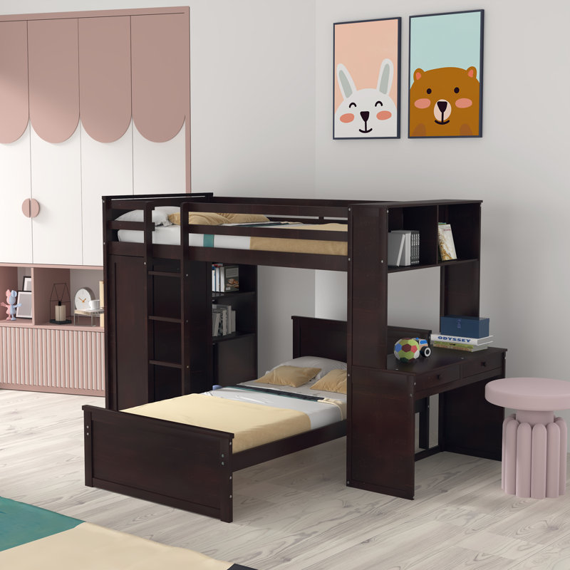 Florestan Kids Twin Over Twin Bunk Bed with Drawers, Espresso