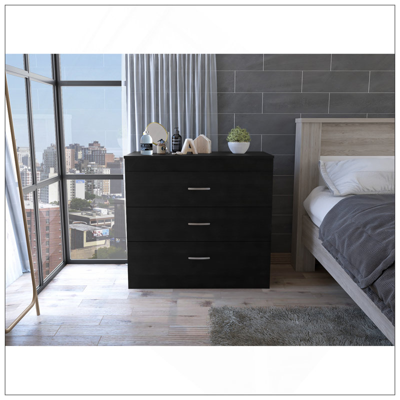 Commode à trois tiroirs Melia, plateau supérieur, quincaillerie en métal, Noir
