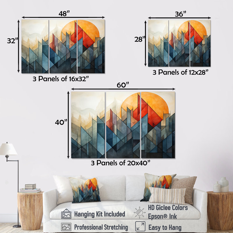 Paysage de montagne abstrait orange et vert - Art abstrait paysage mural, Toile tendue, H 32 po x l 48 po x P 1 po