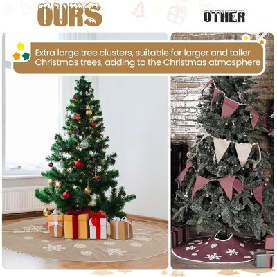 Grande jupe de sapin de Noël en toile de jute beige à motif flocons de neige, décoration rustique de style ferme pour les fêtes