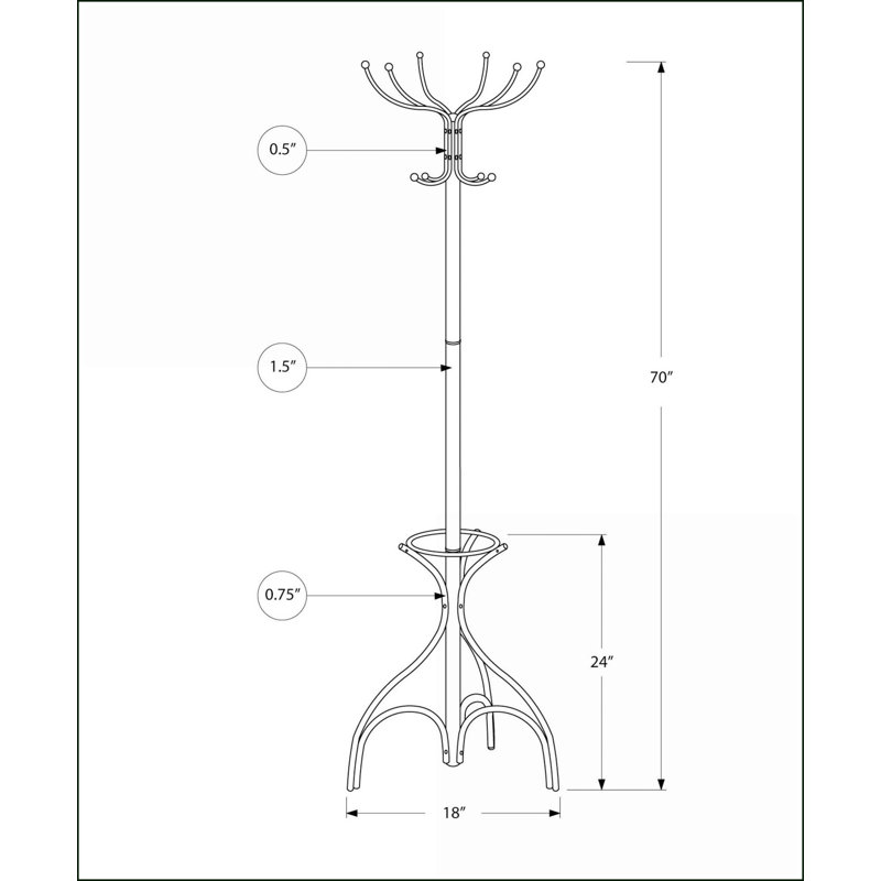 Coat Racks, Transitional 12-Hook Free Standing with Umbrella Holder, 70"H | Black | Metal
