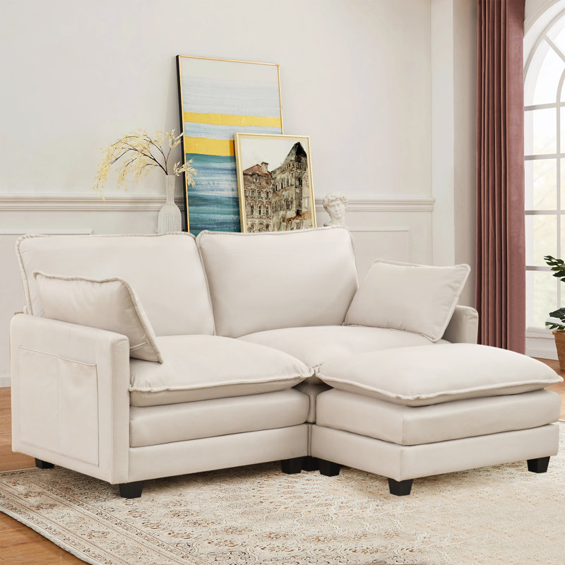 Rhydian 77.6" L-Shaped Couch Sofa With Ottoman Deep Seat Upholstered Sectional, Cream White Technical Fabric