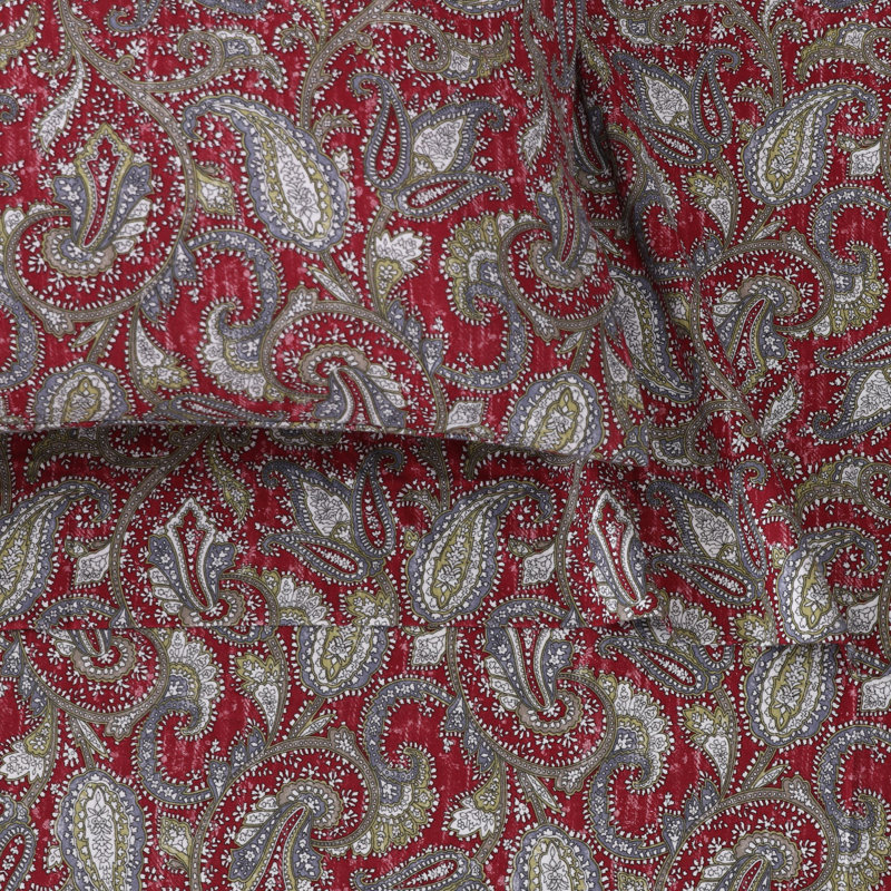 Flannel Paisley Sheet Set, Split King Sheet Set with 3 Additional Pieces, White/Green/Red Paisley