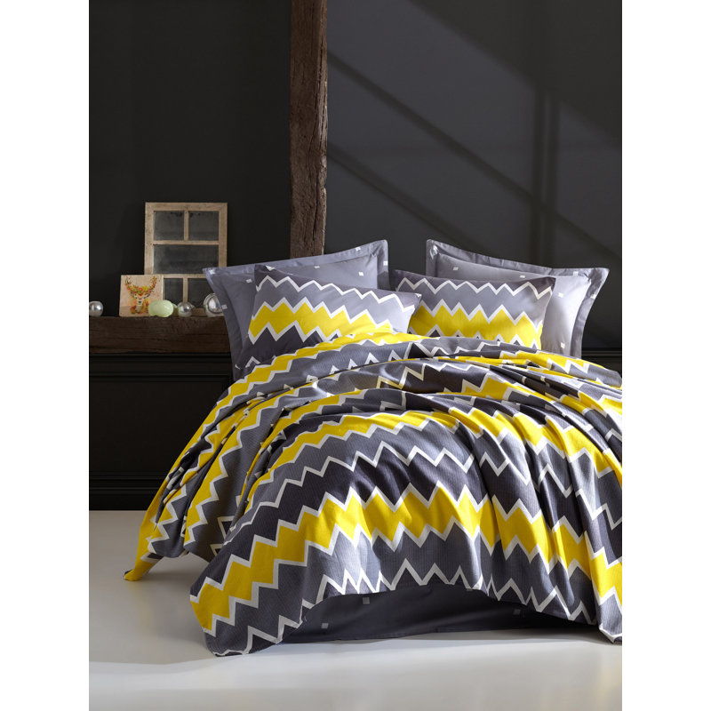 Ensemble de couvre-lit 100% coton jaune / blanc / gris Zigros, Jaune / blanc / gris