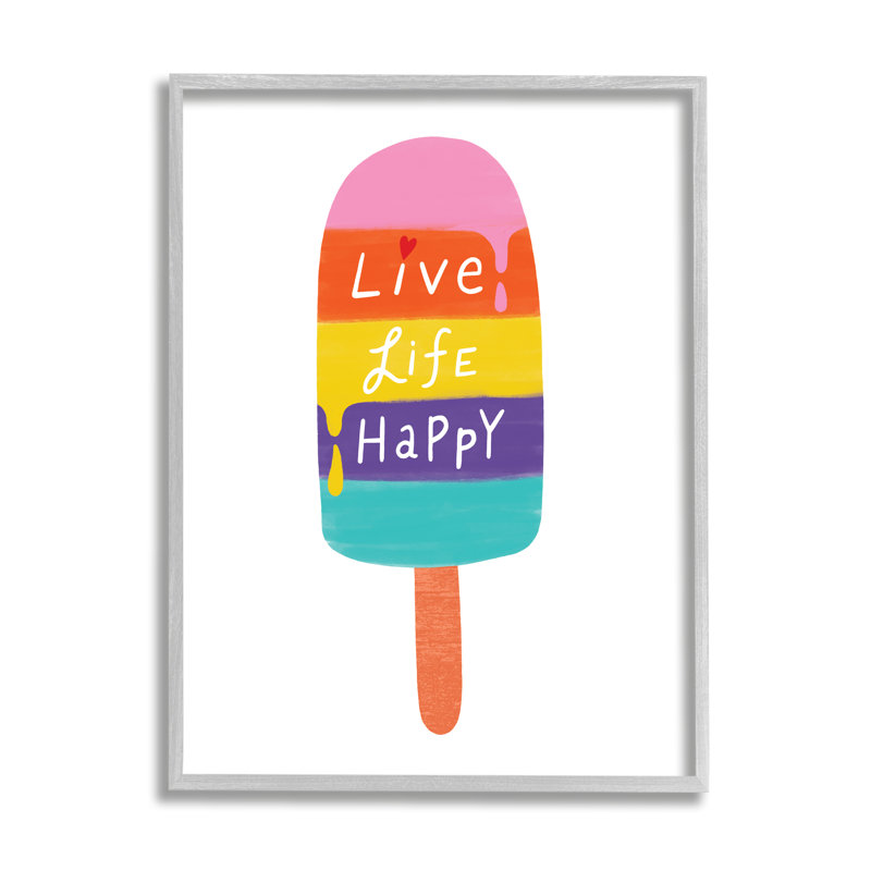 «Live Life» Happy Rainbow Stripe Popsicle Summer Illustration Gray Farmhouse, estampe numérique encadrée, art texturé par Nina Seven