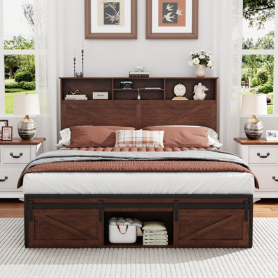 46" H Full Size With Charging Station Storage Headboard Farmhouse Bed Frame, With Barn Door Pattern Led Light And Metal Slats 2 Drawers Bed Frame