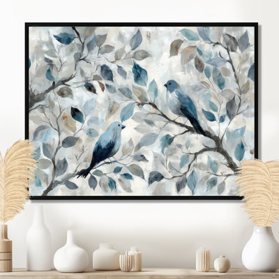 Birds Love Under A Blue White Orchid Tree Garden - Art encadré, décoration murale nature bleue