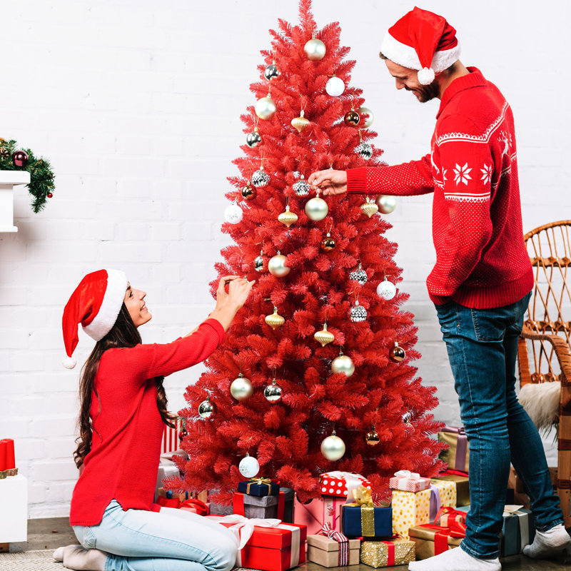 Red 4ft Christmas Tree, 456 Tips, Hinged Structure For Fast Takedown, Stand Upright Position Realistic Tips Beautiful Ornament Placement, Branches, Heavy - Duty Metal Stability