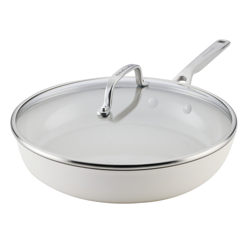 Kitchenaid Hard-Anodized Ceramic Induction Skillet With Lid, 12.25-Inch, Agave, White