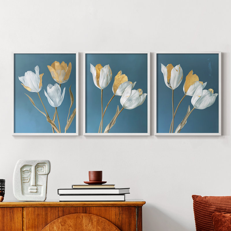 Étude florale série L - Ensemble de 3 estampes numériques encadrées - Prêt à être accroché, Cadre blanc, H 14 po x l 11 po